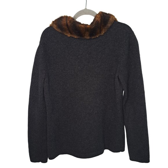 Lauren Ralph Lauren Gray Merino Wool Button Up Sweater Faux Fur Collar Large - Picture 2 of 5